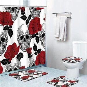 4 Piece Shower Curtain Sets, with 12 Hooks, Skull Red Roses Flower Black